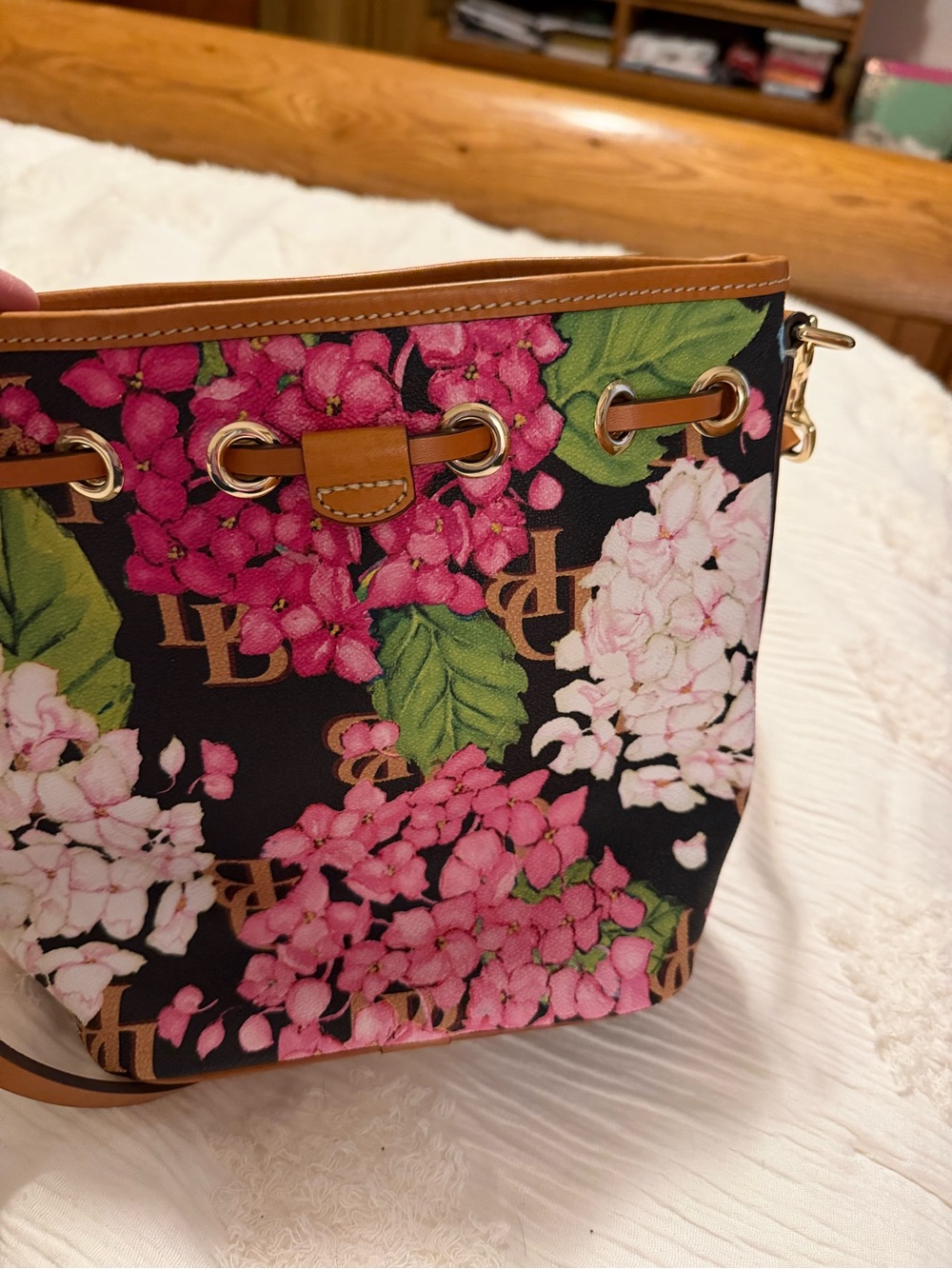 Dooney & Bourke Floral Monogram Bucket Bag with Pink Hydrangea Print